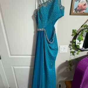 Johnathan Kayne Turquoise One-Shoulder Dress with Silver Accents
